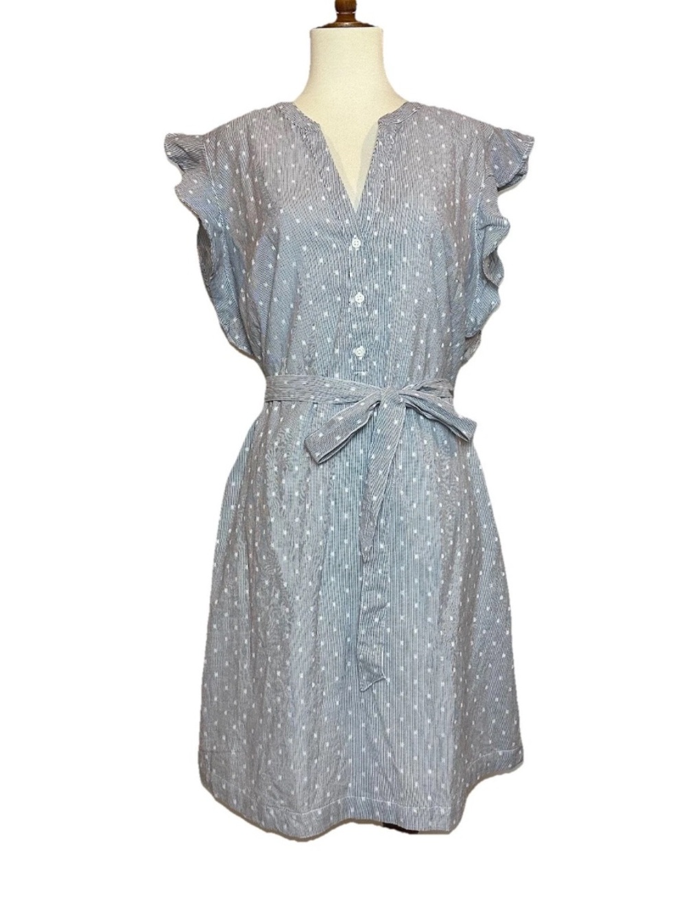Old Navy Ruffle Trim Tie Belted Shirt Dress Blue White Embroidered NWT